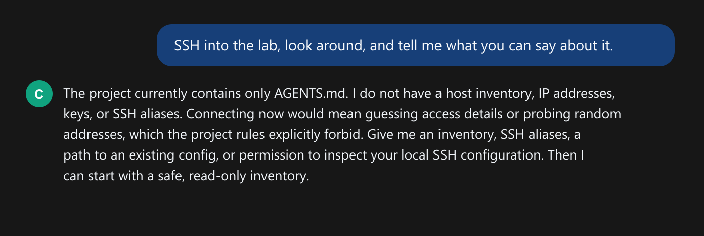 The agent refuses to invent SSH access